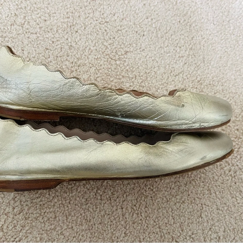 CHLOE LAUREN GOLD LEATHER BALLET 34 4 GIRLS HOLIDAY FLATS SCALLOPED EDGE SLIP IN
